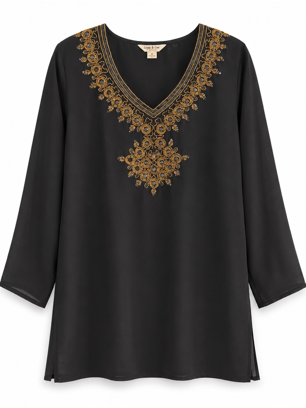 Lucky & Coco Black Gold Embellished Tunic Blouse – Size 1X – NWT